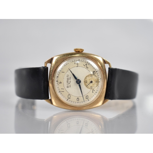 200 - A 9ct Gold Cased Buren Grand Prix Wrist Watch, Silvered Circular Face with Arabic Numerals (Rubbed) ... 