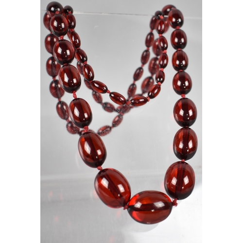 230 - A Long String of 58 Cherry Bakelite Beads, Largest 30mm Long by 21mm High, Smallest 13mm by 8mm, App... 