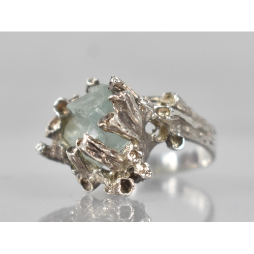 208 - A Silver and Raw Aquamarine Mid Century Brutalist Ring, Large Asymmetric Centre Stone Measuring 9.8m... 