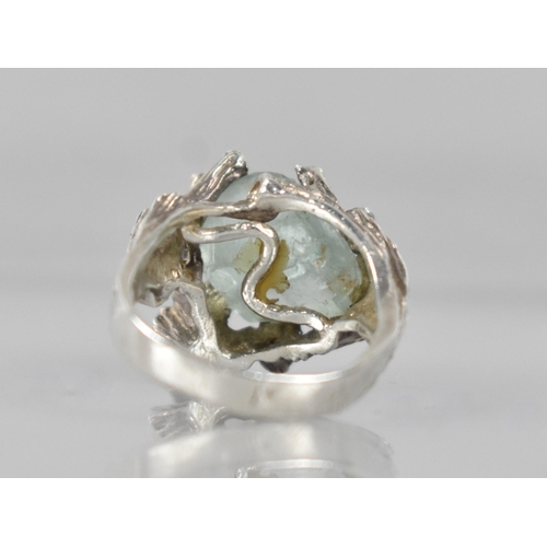 208 - A Silver and Raw Aquamarine Mid Century Brutalist Ring, Large Asymmetric Centre Stone Measuring 9.8m... 