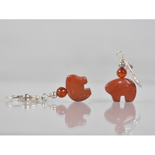 222 - A Pair of Native American Red Jasper, Carnelian and Silver Earrings, Drops in the Form of a Bears, F... 