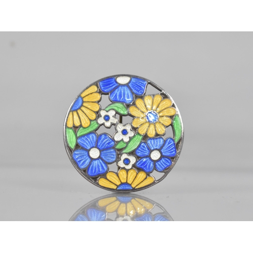 209 - A Pretty Pierced Silver and Enamelled Brooch by AH Derby and Sons, Blue, Yellow and White Flowers on... 