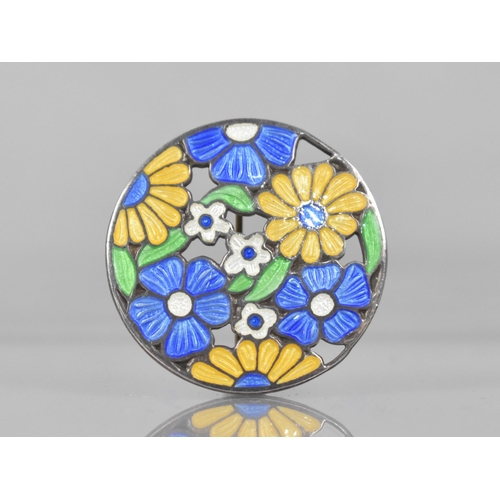 209 - A Pretty Pierced Silver and Enamelled Brooch by AH Derby and Sons, Blue, Yellow and White Flowers on... 