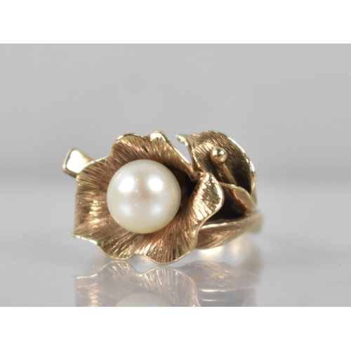 98 - An Art Nouveau Style Pearl Mounted Floral Ring in Gold Metal, Central Pearl (7.2mm Diameter Approx),... 