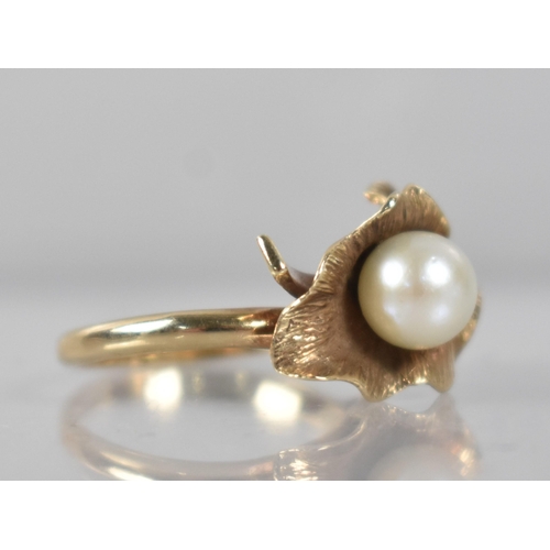 98 - An Art Nouveau Style Pearl Mounted Floral Ring in Gold Metal, Central Pearl (7.2mm Diameter Approx),... 