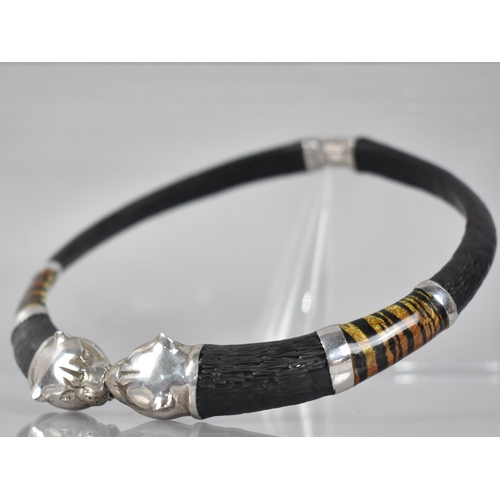 215 - An Italian Silver Mounted Torque, Leopard Heads to a Black Textured Collar with Additional Silver an... 