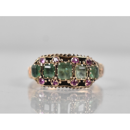 14 - A 19th Century Emerald, Ruby and 15ct Gold Ring Comprising Five Graduated Mixed Cushion Cut Emeralds... 