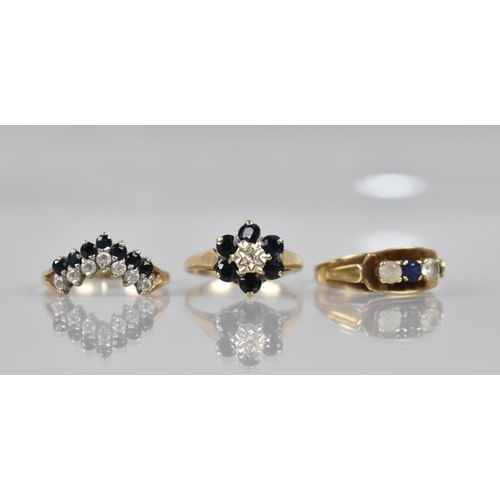 121 - A Collection of Three 9ct Gold and Dress Rings to include Sapphire and Diamond Cluster Example, Size... 