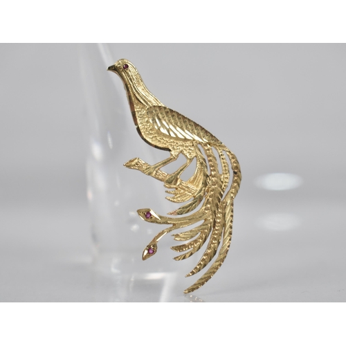 130 - A Gold Metal Brooch, Peacock, Having Ruby Eyes and Tail Embellishments, Possibly Indian Origin, 4.8g... 