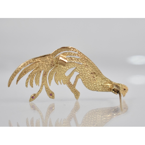 130 - A Gold Metal Brooch, Peacock, Having Ruby Eyes and Tail Embellishments, Possibly Indian Origin, 4.8g... 