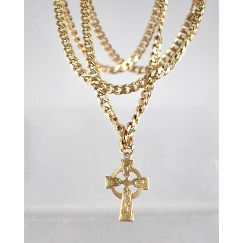 167 - A 9ct Gold Flattened Curb Link Chain, 58cms Long, Having 9ct Gold Celtic Crucifix Pendant, Total Wei... 