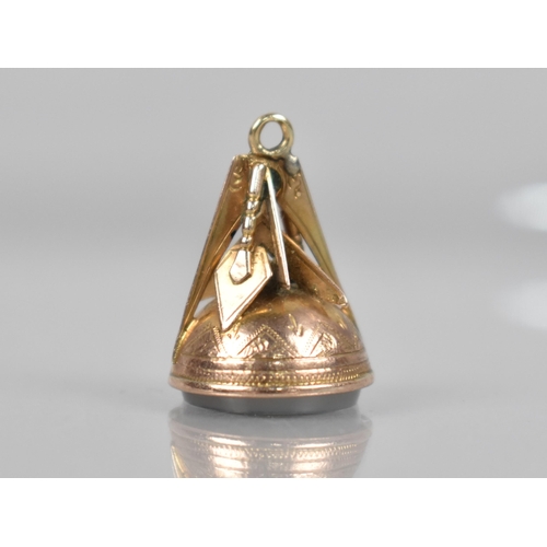 181 - Masonic Interest: A 9ct Gold Mounted Agate Fob Seal, Finial Decorated with Compass, Gavel and Trowel... 