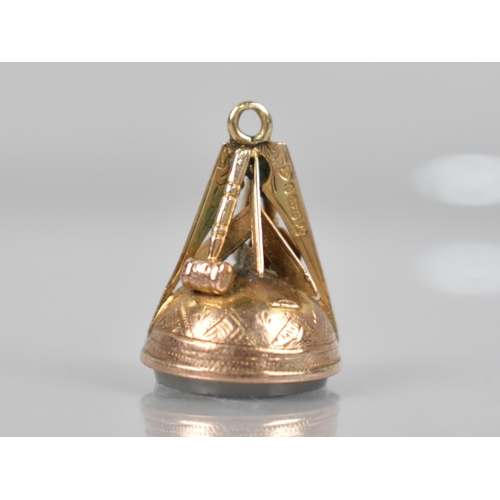 181 - Masonic Interest: A 9ct Gold Mounted Agate Fob Seal, Finial Decorated with Compass, Gavel and Trowel... 