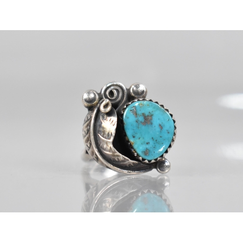 227 - A Native American Turquoise and White Metal Ring, Panelled Stone Measuring 11mm by 9mm Max Having Bo... 