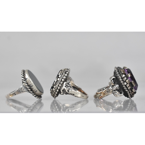 256 - A Collection of Three Silver and White Metal Rings to include Unusual Continental Banded Agate Examp... 