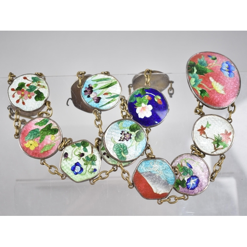 237 - A Japanese Cloisonne Belt, Circular, Quatrefoil and Hexagonal Panels Decorated with Various Flowers,... 