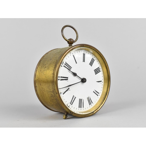 11 - An Edwardian Brass Cased Drum Clock Complete with Two Keys and in Working Order, 9.5cms Diamter