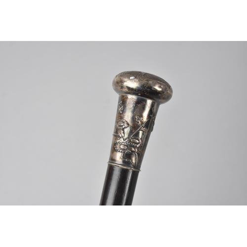 114 - A Silver Handled Ebonized Walking Cane, The Pommel Inscribed for HMS Hawkins, 31st October 1919. HMS... 