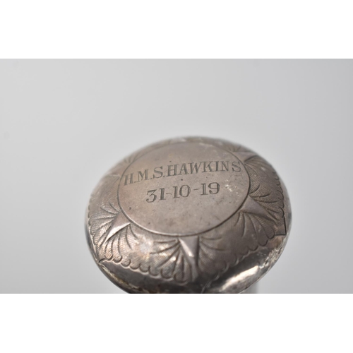 114 - A Silver Handled Ebonized Walking Cane, The Pommel Inscribed for HMS Hawkins, 31st October 1919. HMS... 