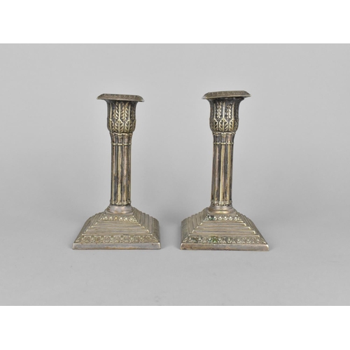 142 - A Pair of Edwardian Silver Plated Corinthian Column Candlesticks on Stepped Square Bases, 15cms High