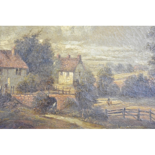 153 - A Gilt Framed 19th Century Oil on Canvas, Mill in Rural Landscape with Figure in Lane, 30x19cms