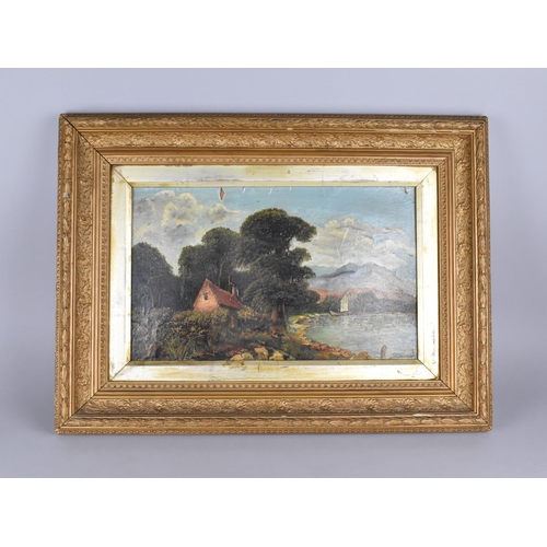 178 - A Gilt Framed Oil on Card Depicting Thatched Cottage Beside Lake with Boat, Condition AF, 38x23cms