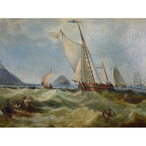 185 - A Reframed 19th Century Oil Depicting Sailing Ships Anchored on Stormy Beach, 49.5x39.5cms