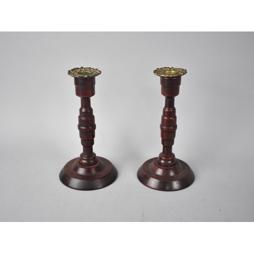 250 - A Pair of Metal Mounted Turned Wooden Travellers Candlesticks together with a Carved Oak Biscuit Bar... 