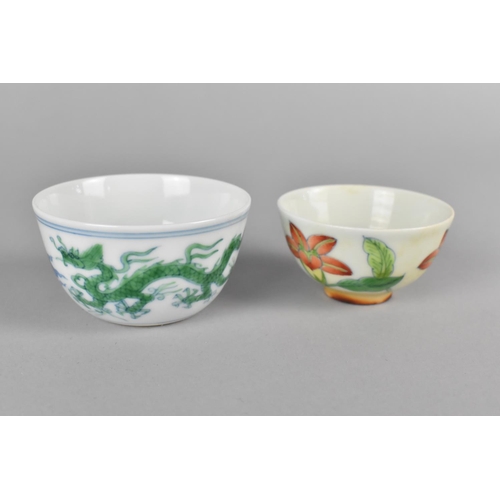 275 - Two Chinese Porcelain Tea Bowls, the Smaller Example Decorated with Flowers and the Larger with Drag... 