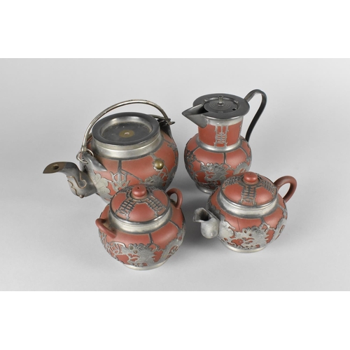 279 - A Chinese Four Piece Yixing Pewter Mounted Tea Service to Comprise Hot Water Pot, Teapot, Smaller Te... 