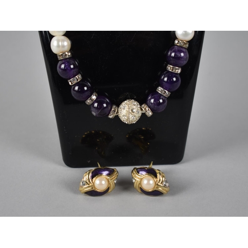 284 - An Equilibrium Genuine Freshwater Pearl, Purple and Jewelled Bead Necklace Together with a Pair of E... 