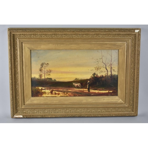 324 - An Early 20th Century Gilt Framed Oil on Card, Rural Landscape at Dusk with Cattle and Lady to Foreg... 