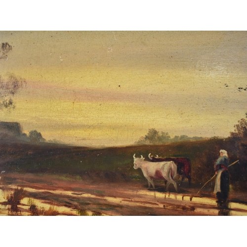 324 - An Early 20th Century Gilt Framed Oil on Card, Rural Landscape at Dusk with Cattle and Lady to Foreg... 