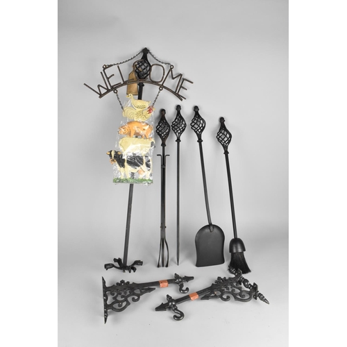 367 - A Wrought Metal Fireside Set (Frame Missing Piece) Together with Two Wall Cast Wall Hangers and a 'W... 