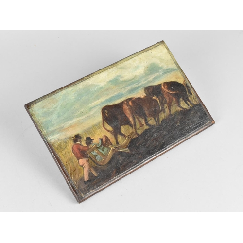 41 - An Unframed but Mounted 19th Century Continental Oil on Canvas Depicting Cattle Ploughing with Seate... 