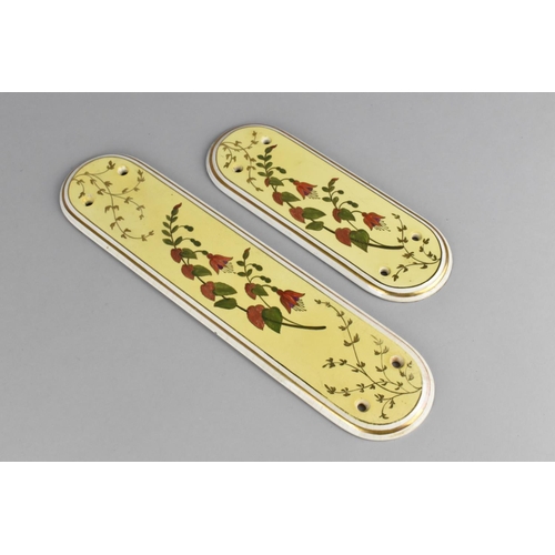 423 - Two Edwardian Ceramic Door Finger Plates Decorated with Flowers on Yellow Ground, Lozenge Marks to R... 