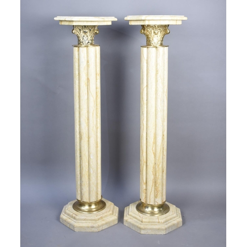 579 - A Pair of Marble Ribbed Torchere Column Stands with Ormolu Mounts and Octagonal Tops and Bases, 101c... 