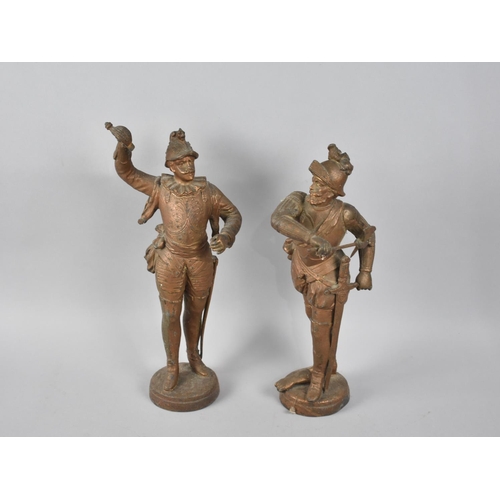 63 - A Pair of Continental Bronzed Spelter Figures of Warriors in Armour, One Sword AF, 34cms High