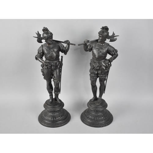 65 - A Pair of Continental Spelter Figures of Warriors in Armour, 40cms High