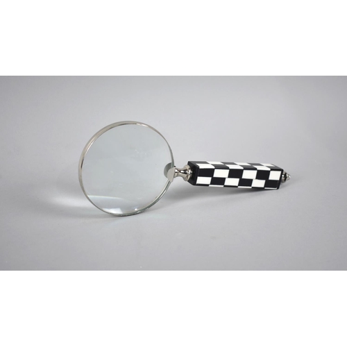 72 - A Modern Chrome Framed Desktop Magnifying Glass with Chequered Handle, 27cms Long