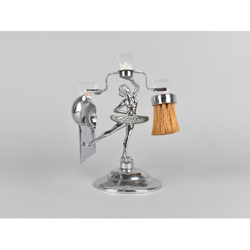 73 - A 1950s Chrome Crumb Tray and Brush Set with Figural Stand in the Form of Ballet Dancer, 18cms High