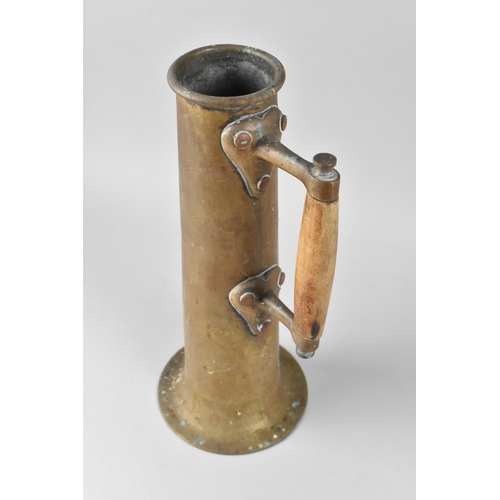 77 - A Late 19th/Early 20th Century Cylindrical Brass Poker Stand with Wooden Carrying Handle, 30cms High