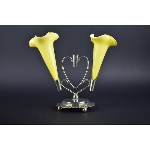 81 - An Edwardian Silver Plate and Yellow Opaque Glass Three Trumpet Epergne Stand (Although one Trumpet ... 