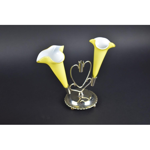 81 - An Edwardian Silver Plate and Yellow Opaque Glass Three Trumpet Epergne Stand (Although one Trumpet ... 