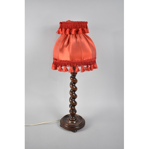 85 - An Edwardian Oak Barley Twist Table Lamp on Circular Base Complete with Shade, Overall Height 55cms