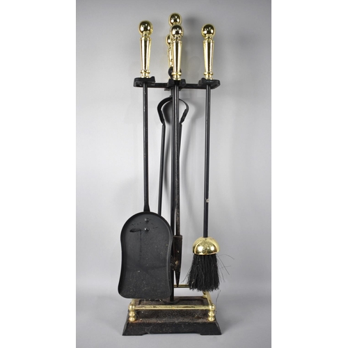 90 - A Modern Brass Mounted Iron Long Handled Fire Companion Set, 65cms High