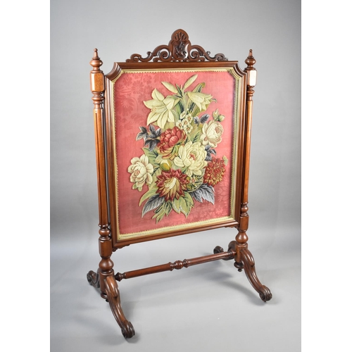 96 - A Mid/Late 19th Century Mahogany Framed Stumpwork Screen with Heraldic Lion Rampant Shield Finial, T... 