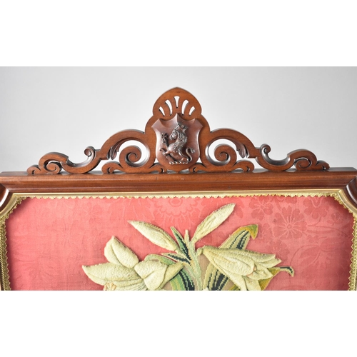 96 - A Mid/Late 19th Century Mahogany Framed Stumpwork Screen with Heraldic Lion Rampant Shield Finial, T... 