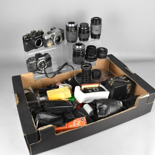 435 - A Collection of Various Camera Bodies, Lenses and Other Camera Accessories to Include Zenit Camera B... 