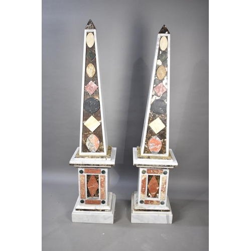 456 - A Pair of Tall Heavy and Impressive Multi-stone and Marble Obelisks, Condition issues, 185cms High